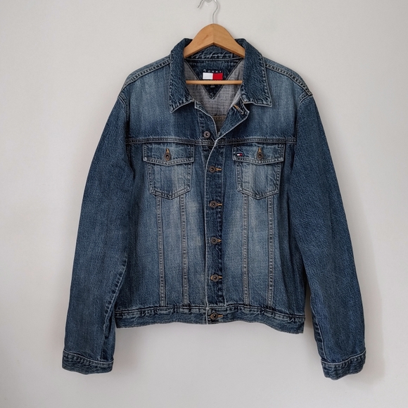 Vintage Tommy Hilfiger Trucker Jean Jacket Size Large Blue Denim - Picture 1 of 15